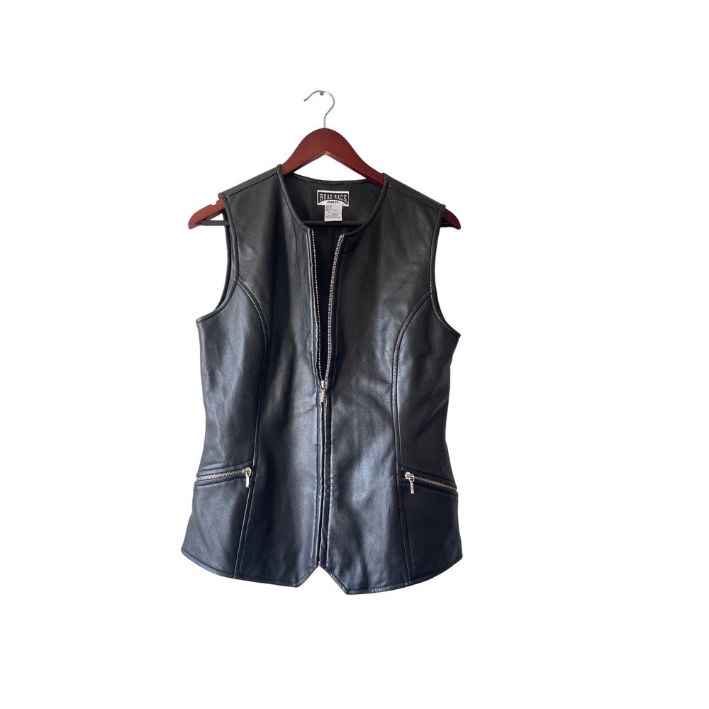 90s Womens Black‎ Faux Leather Zip Up Moto Biker Vest Size M